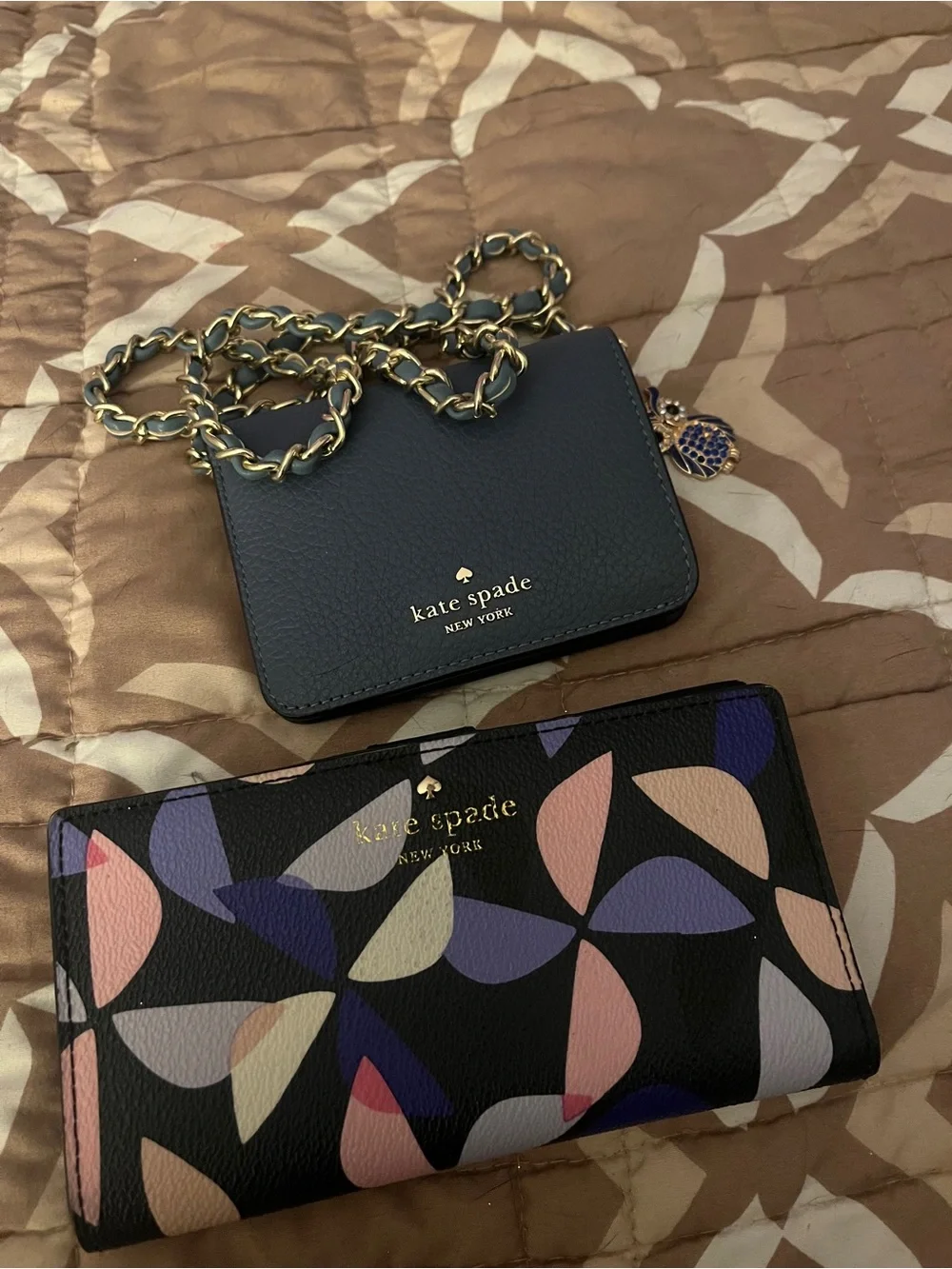 Brand new kate spade Black Multi Floral Chain Card Holder $ long  Wallet